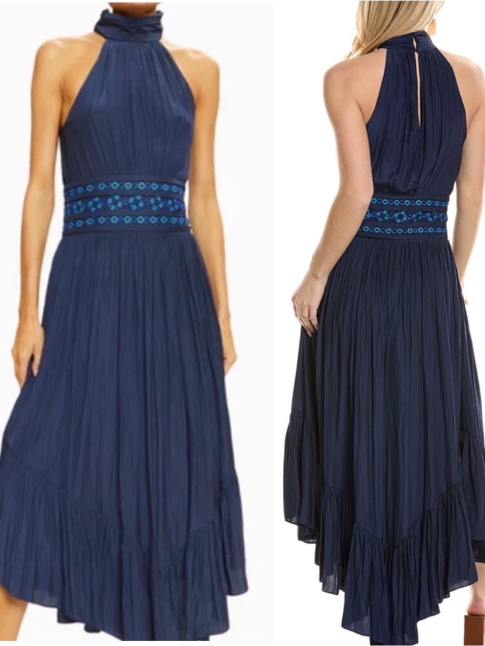 Ramy Brook Shauna Maxi Dress Spring Navy Blue Halter Mock Collar Embroidered